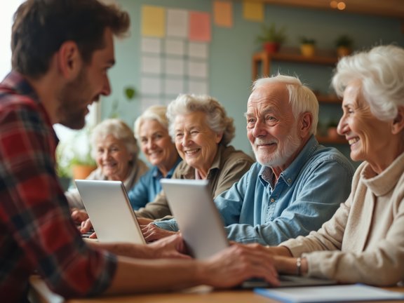 Group of senior people, smiling faces learn computer tech with young instructor. Elderly students work on laptops in classroom. Seniors enjoy training class, educational lesson for retired people,