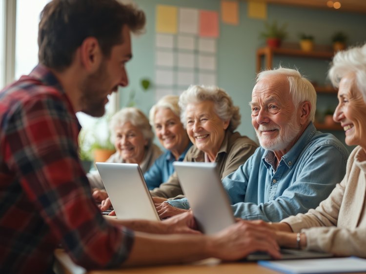 Group of senior people, smiling faces learn computer tech with young instructor. Elderly students work on laptops in classroom. Seniors enjoy training class, educational lesson for retired people,