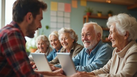 Group of senior people, smiling faces learn computer tech with young instructor. Elderly students work on laptops in classroom. Seniors enjoy training class, educational lesson for retired people,